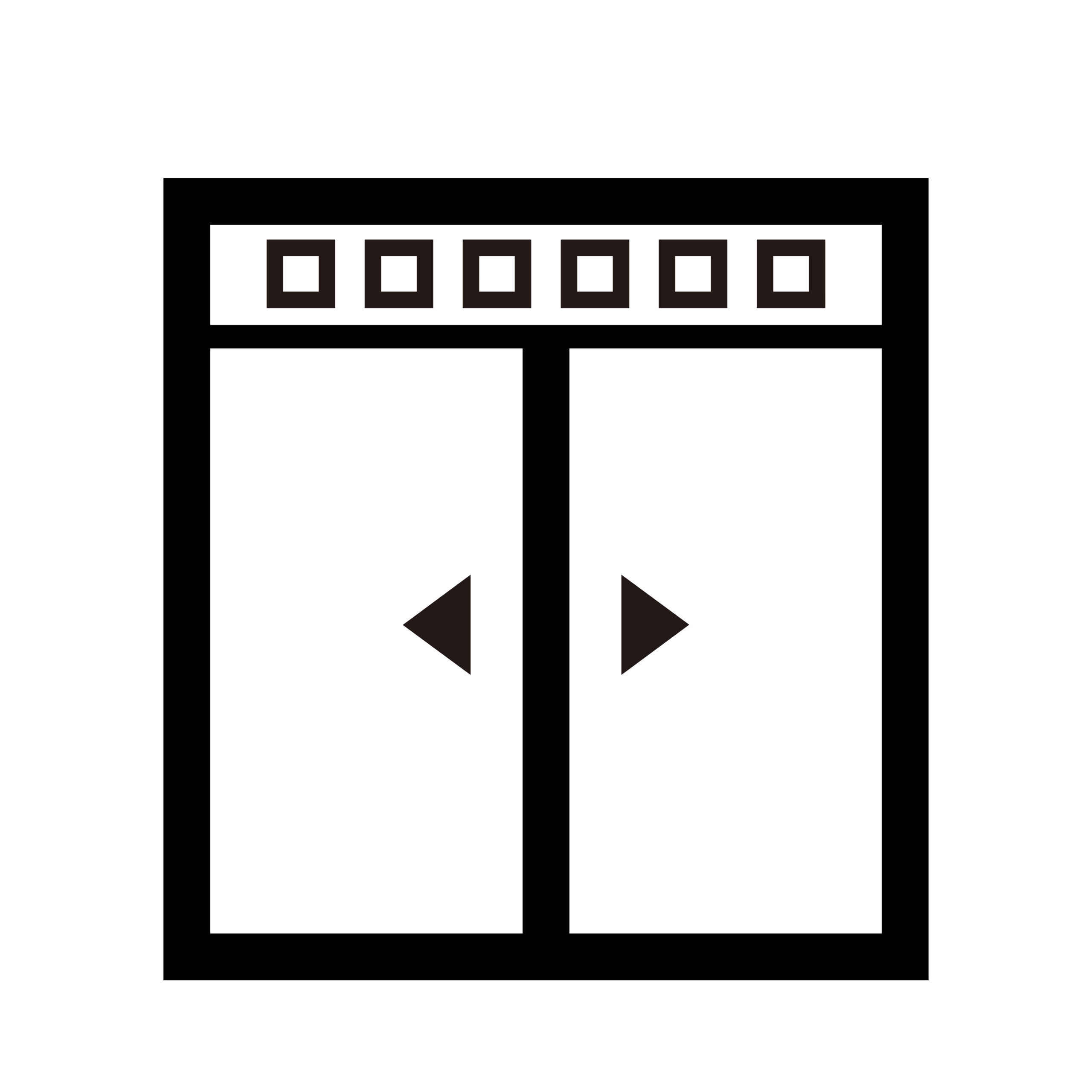 Simple black and white icon depicting an elevator or double-door system with control panel above, indicating movement.