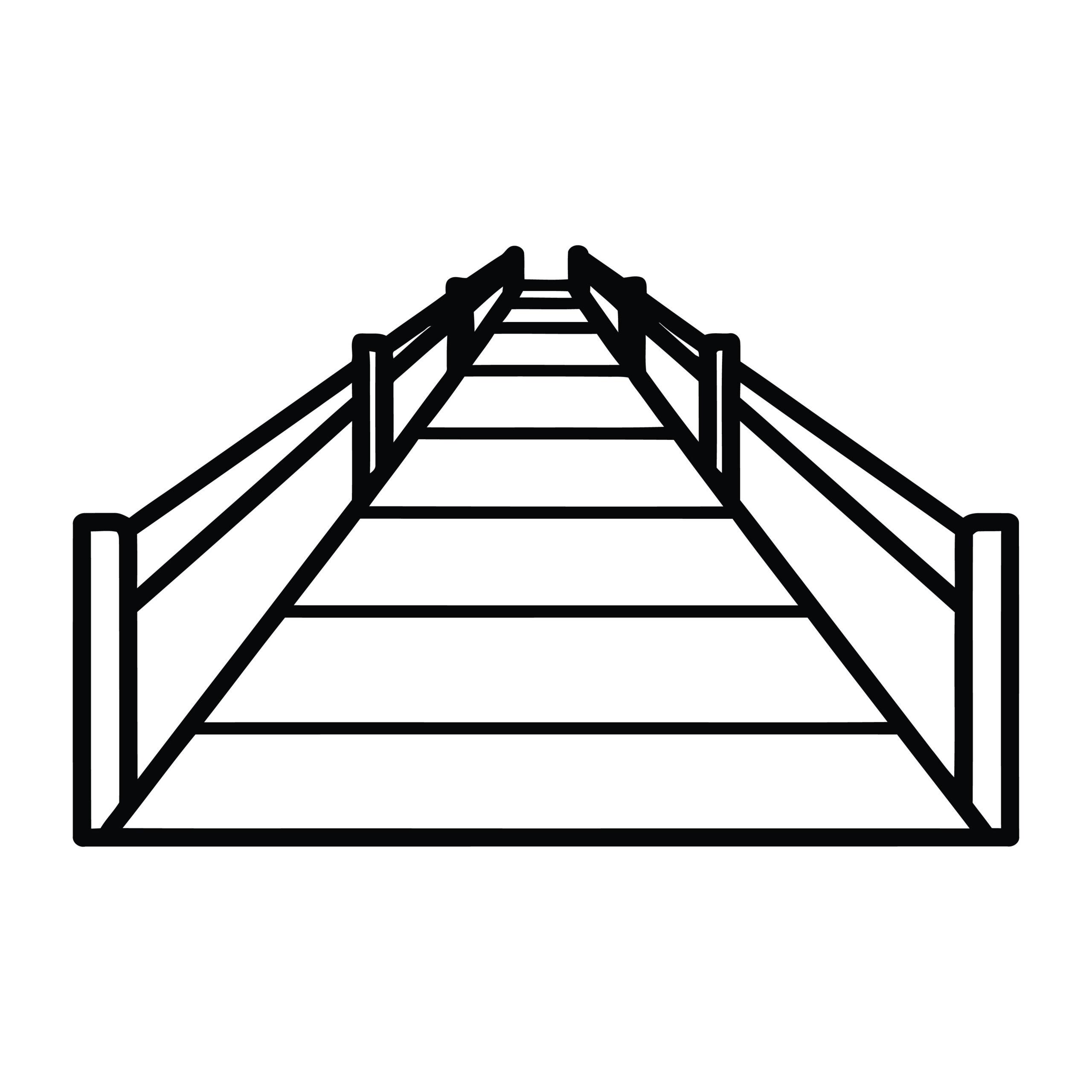 Wooden boardwalk perspective line art showing timber planks and side railings leading toward horizon vector illustration