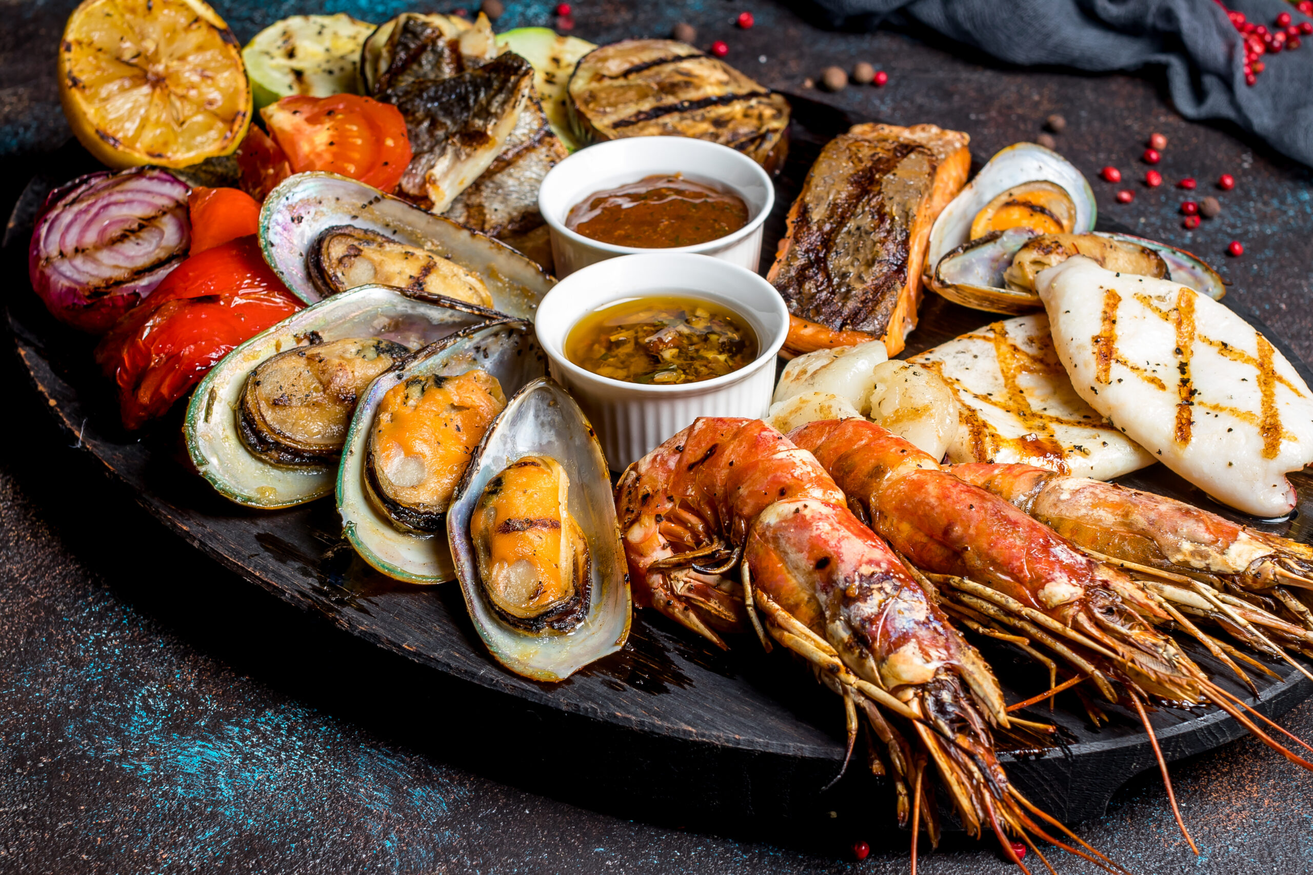 Seafood grilled on plate