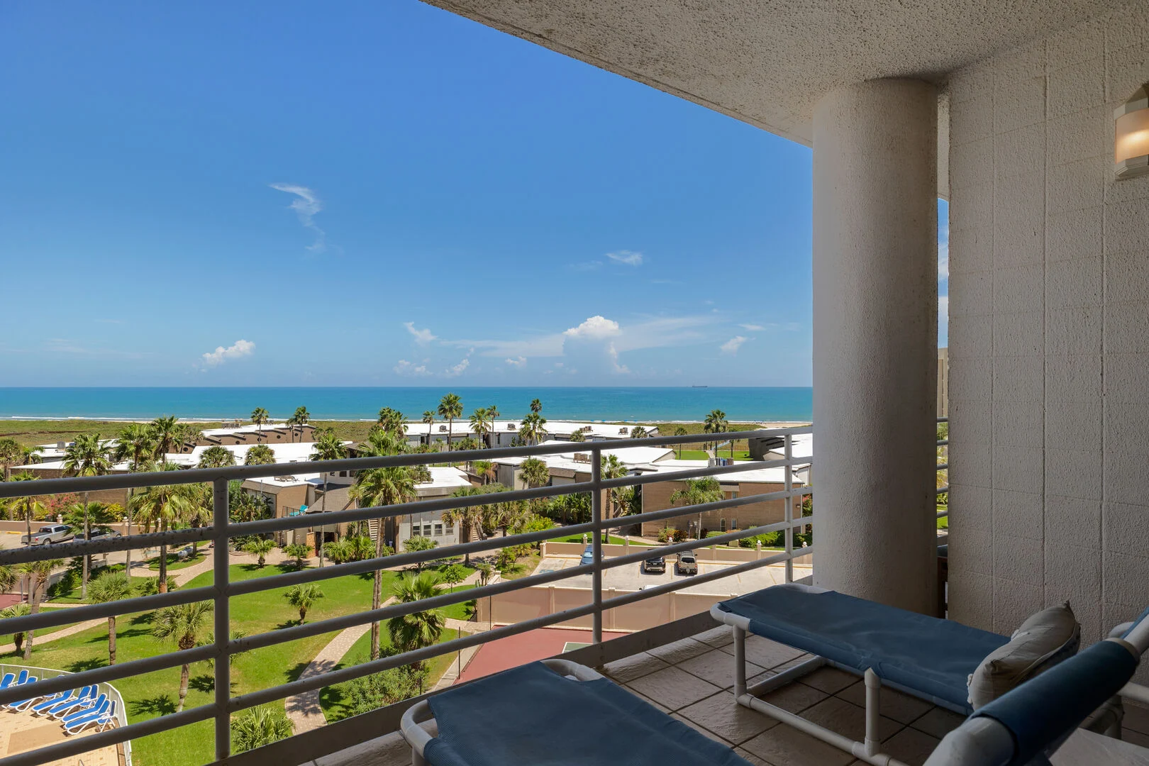 View from a Sunchase IV balcony over the Laguna Madre toward the Queen Isabella Causeway.